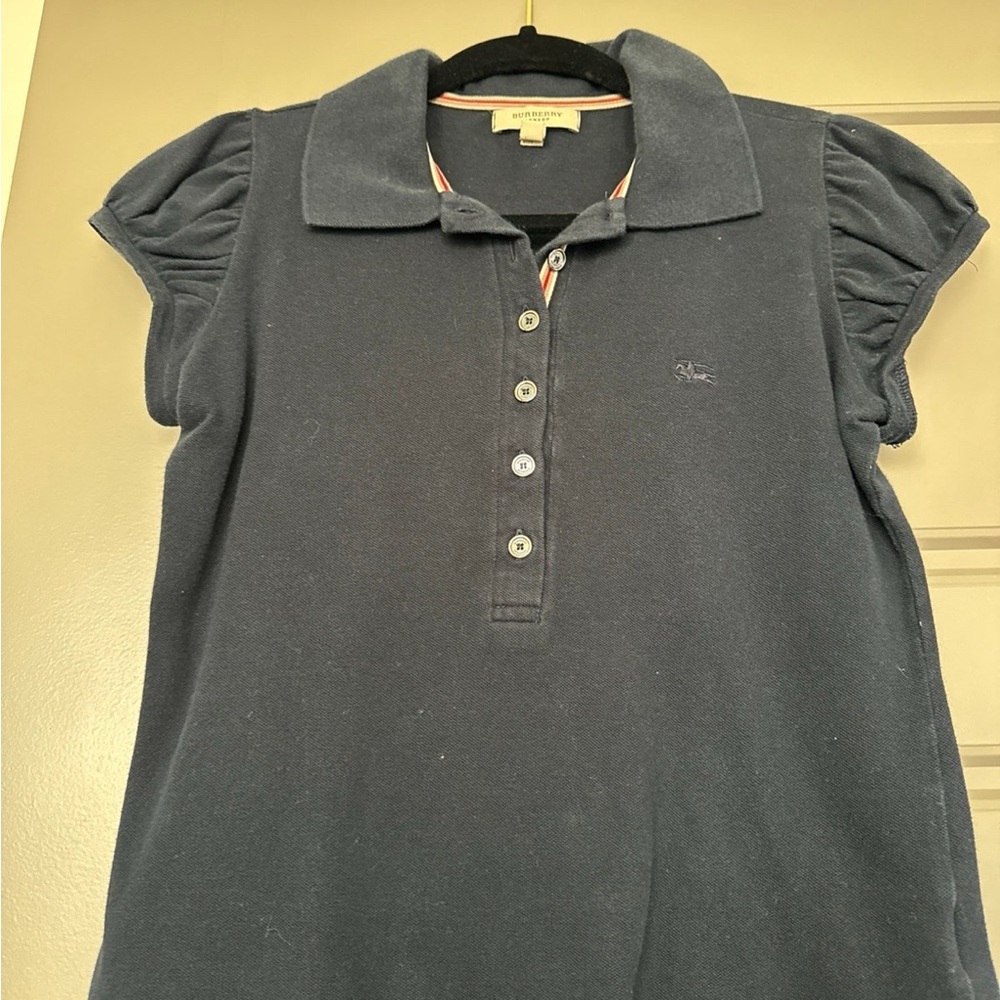 Burberry Blue Puff Sleeve Polo Shirt with Ruffled Details
